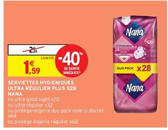 serviettes hygieniques ultra régulier plus x28 nana