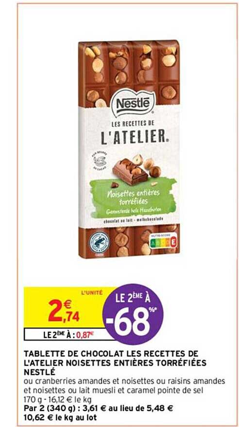 tablette de chocolat les recettes de l'atelier noisettes entières torréfiées nestlé