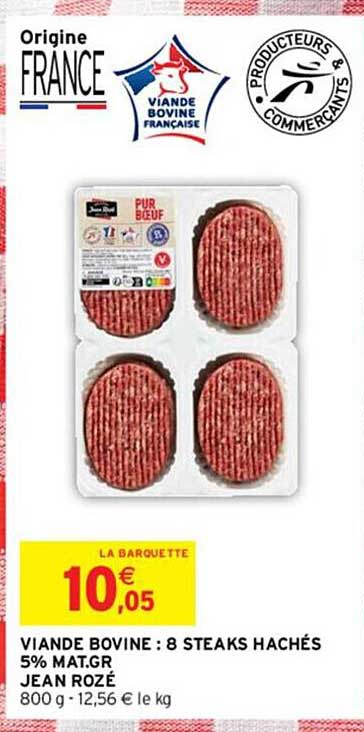 viande bovine: 8 steaks hachés 5% mat.gr jean rozé