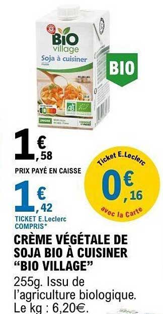 BIO VILLAGE Crème végétale de soja bio à cuisiner
