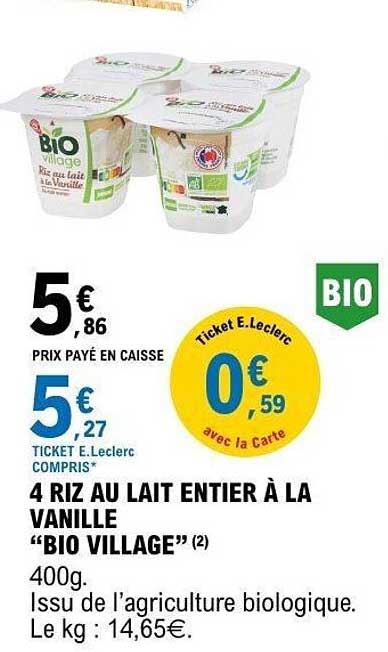 Bio Village Riz au lait entier à la vanille