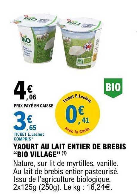 BIO VILLAGE Yaourt au lait entier de brebis