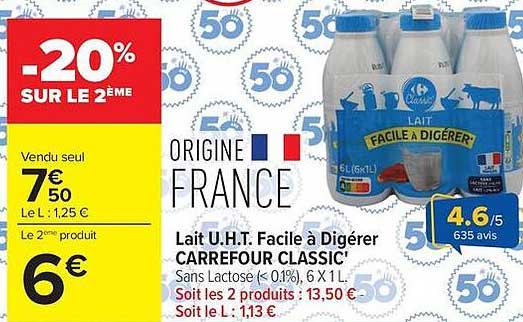 CARREFOUR CLASSIC' Lait U.H.T. Facile à Digérer