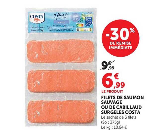 COSTA Filets de saumon sauvage ou de cabillaud surgelés