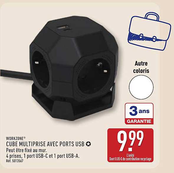 WORKZONE CUBE MULTIPRISE AVEC PORTS USB