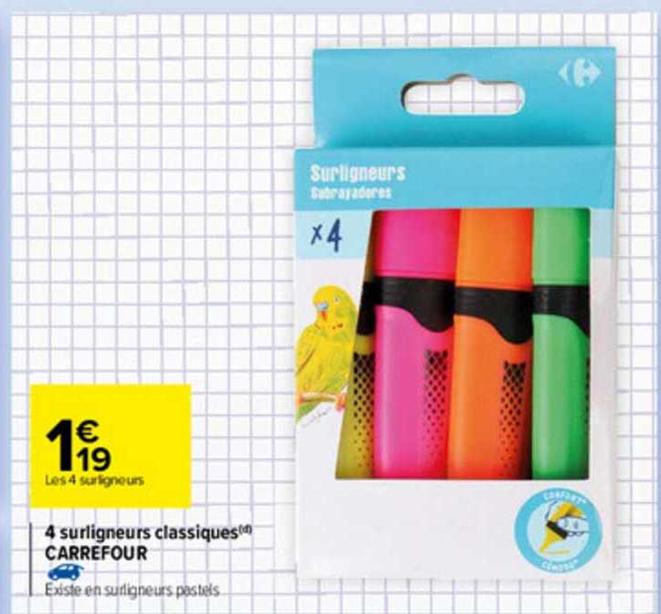 4 Surligneurs Classiques Carrefour