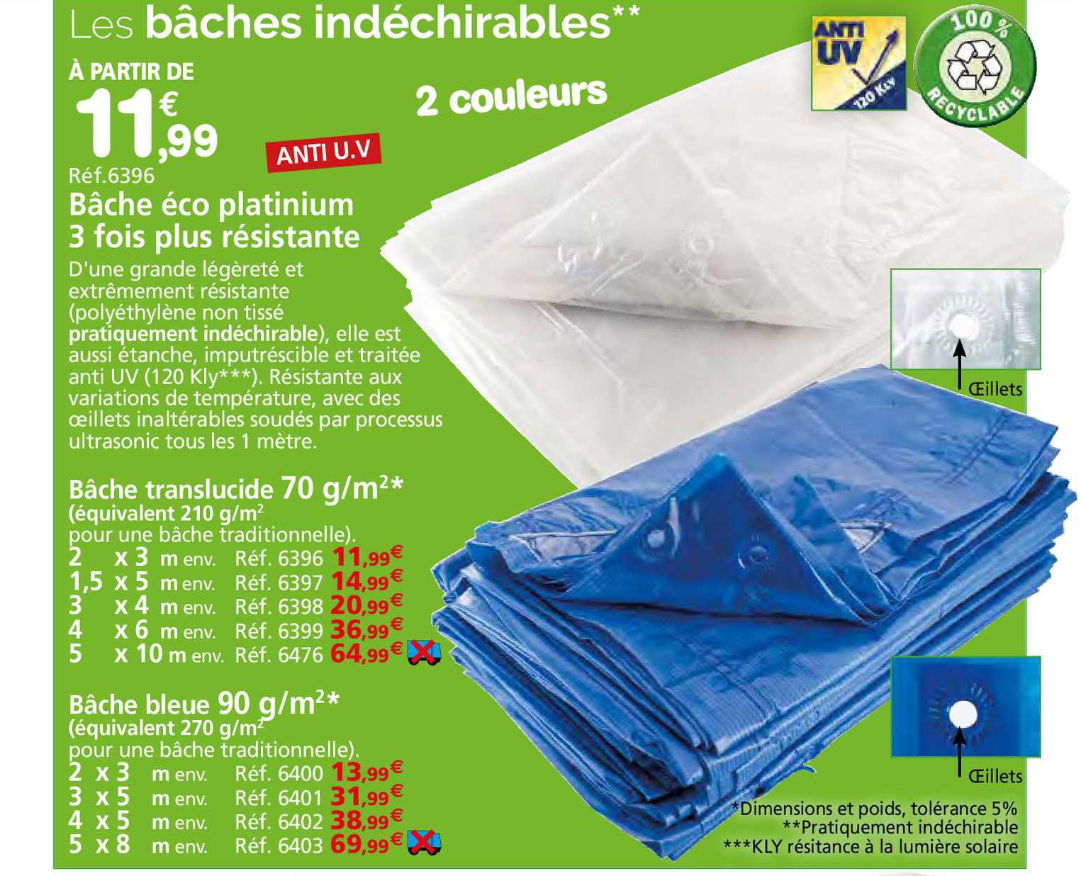 bâche éco platinium 3 fois plus résistante, bâche translucide 70 g-m², bâche bleue 90 g-m²