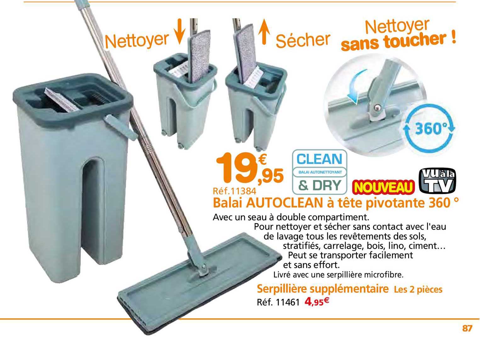 balai autoclean à tête pivotante 360°, serpillière supplémentaire