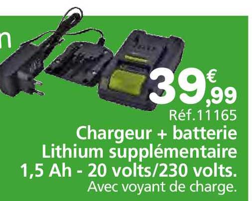 chargeur + batterie lithium supplémentaire 1,5 ah - 20 volts-230 volts