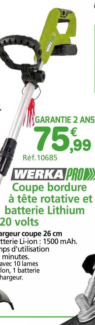 coupe bordure à tête rotative et batterie lithium 20 volts werka pro