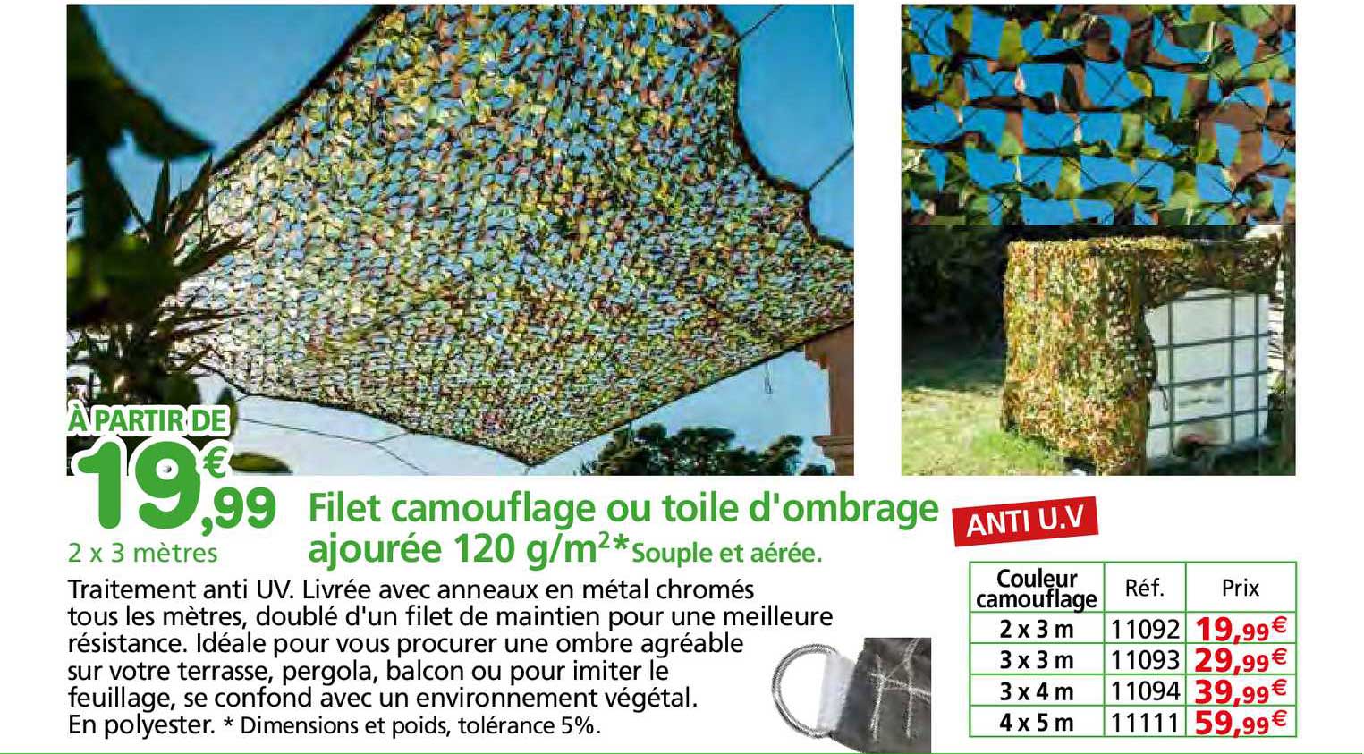 filet camouflage ou toile d'ombrage ajourée 120 g-m²