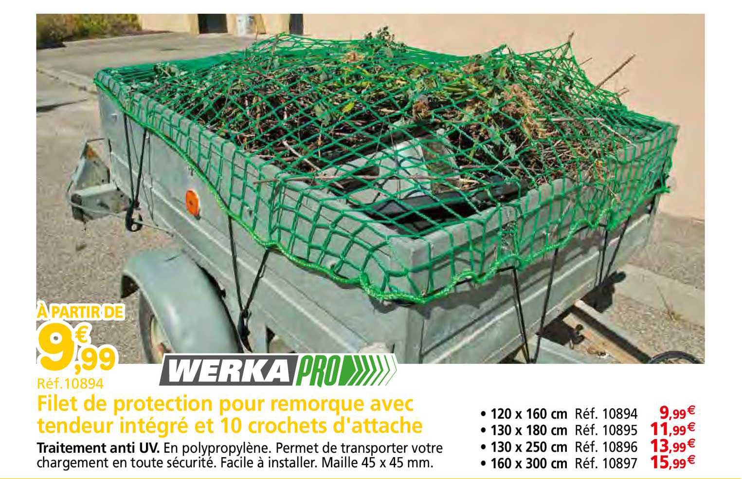 filet de protection pour remorque avec tendeur intégré et 10 crochets d'attache werka pro