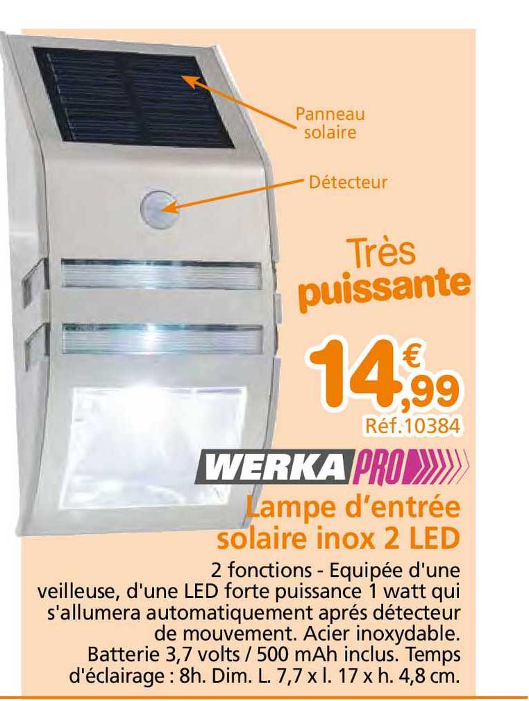 lampe d'entrée solaire inox 2 led werka pro