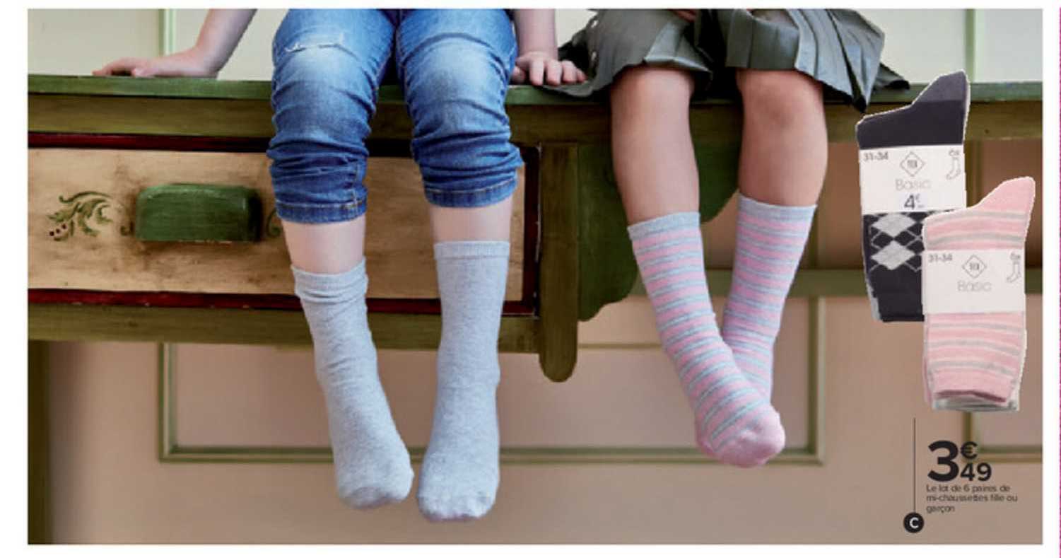 le lot de 6 paires de mi-chaussettes fille ou garçon