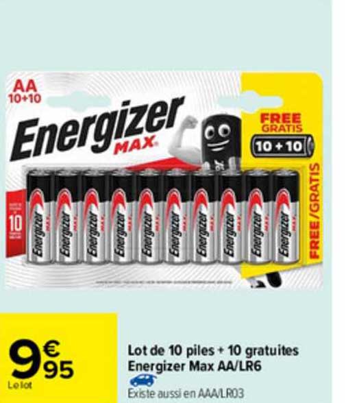 lot de 10 piles + 10 gratuites energizer max aa-lr6
