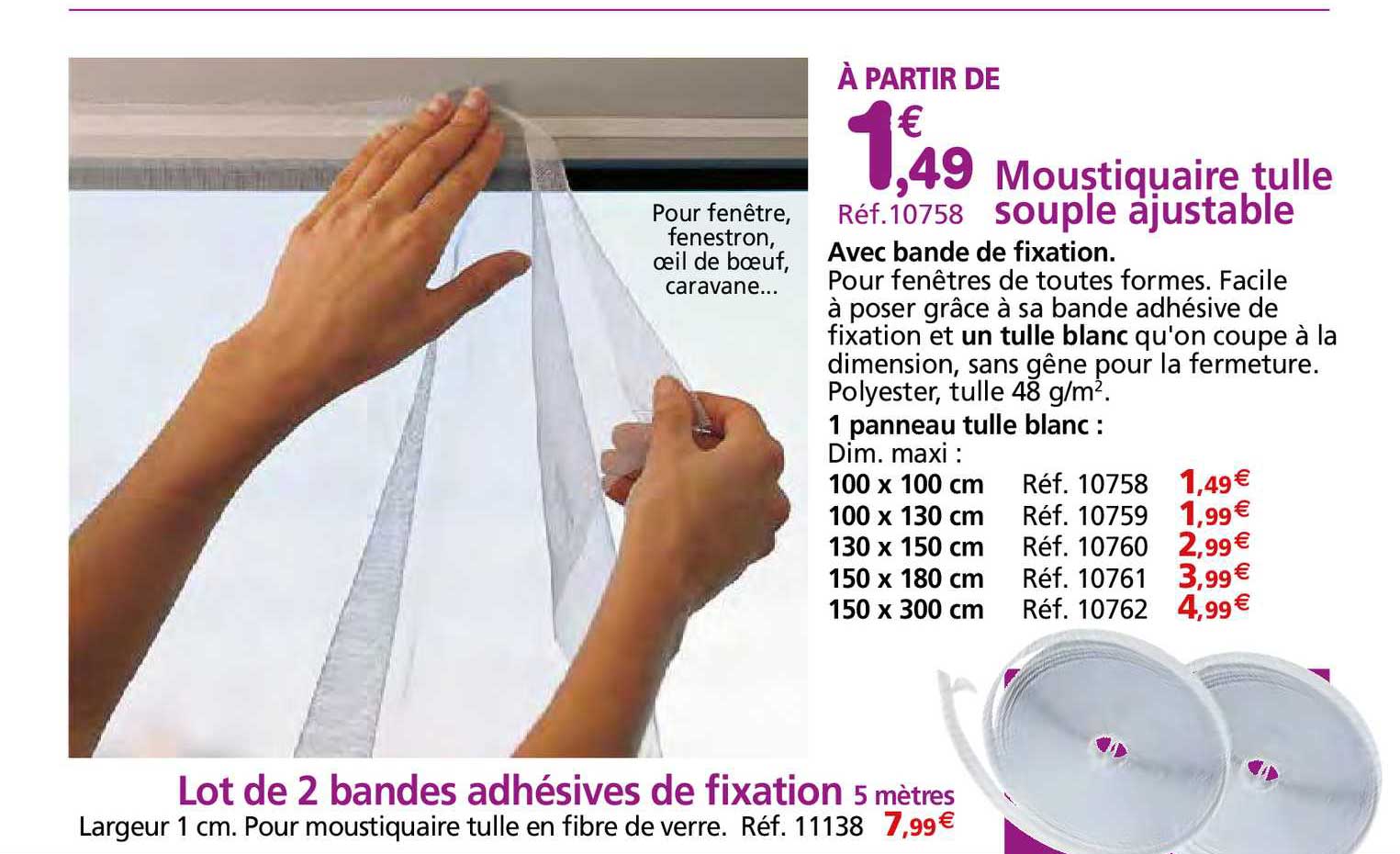 moustiquaire tulle souple ajustable, lot de 2 bandes adhésives de fixation