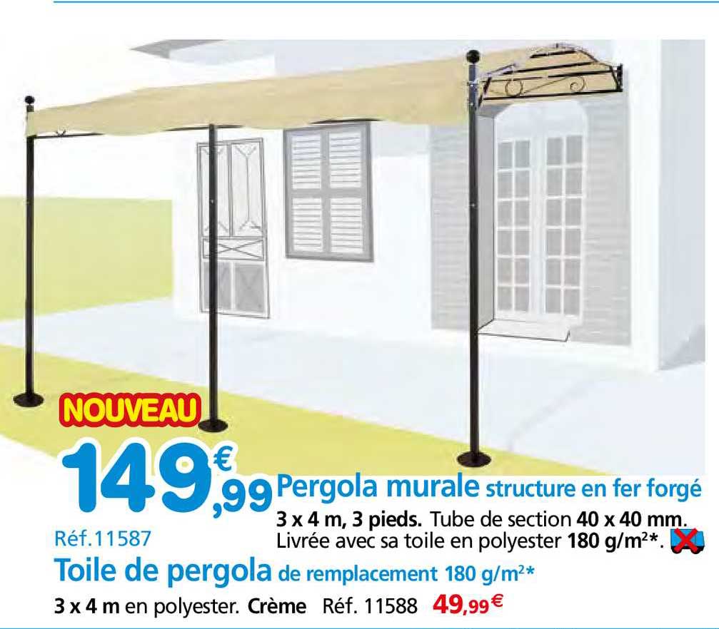 pergola murale structure en fer forgé, toile de pergola