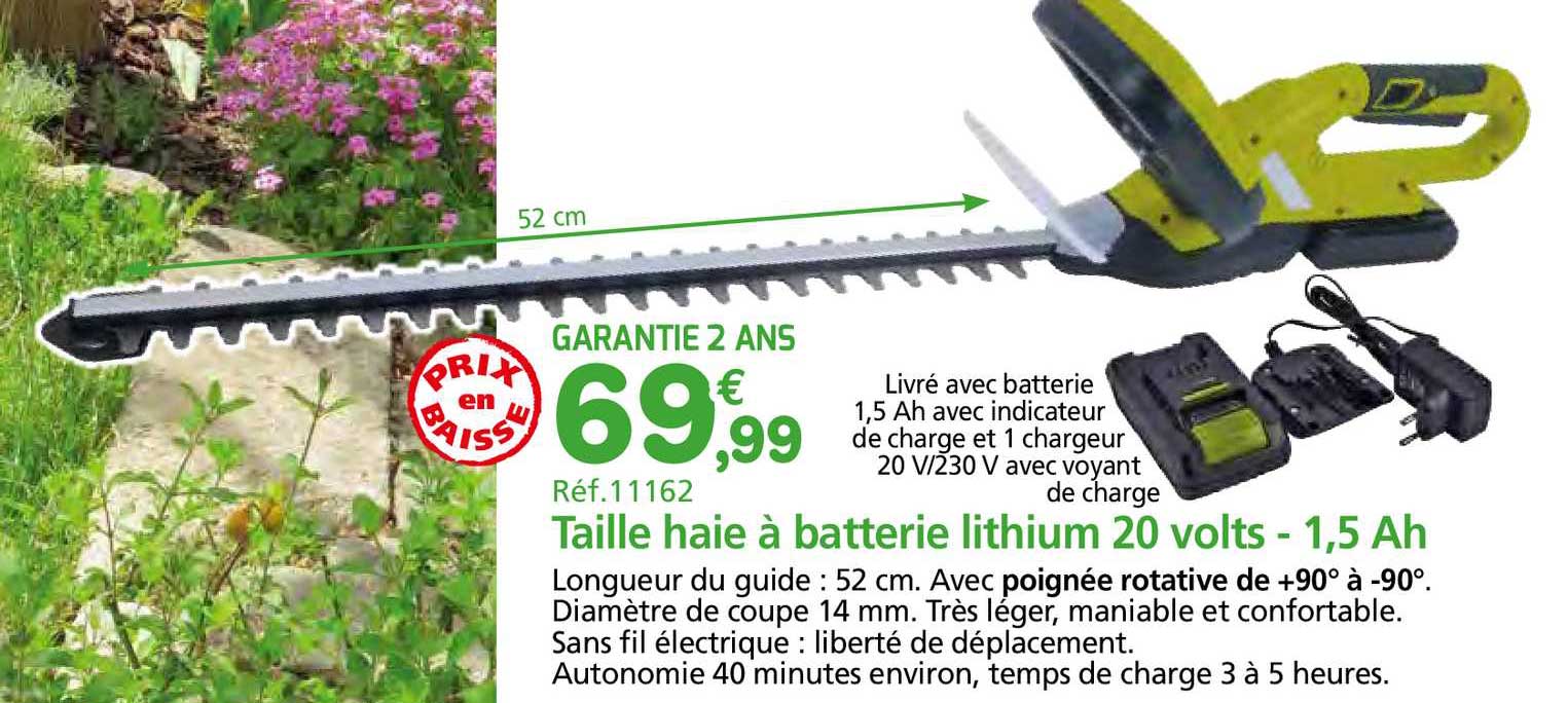 taille haies à batterie lithium 20 volts - 1,5 ah