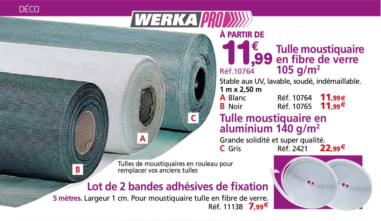 tulle moustiquaire en fibre de verre 105 g-m², tulle moustiquaire en aluminium 140 g-m², lot de 2 bandes adhésives de fixation
