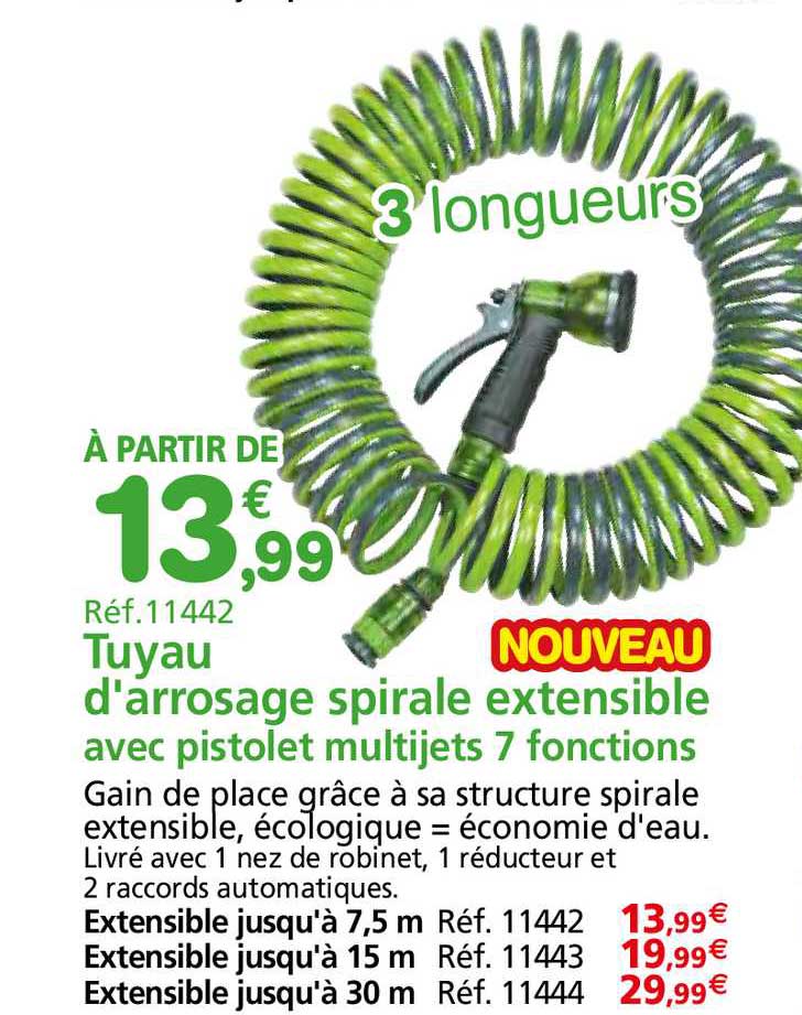 tuyau d'arrosage spirale extensible avec pistolet multijets 7 fonctions