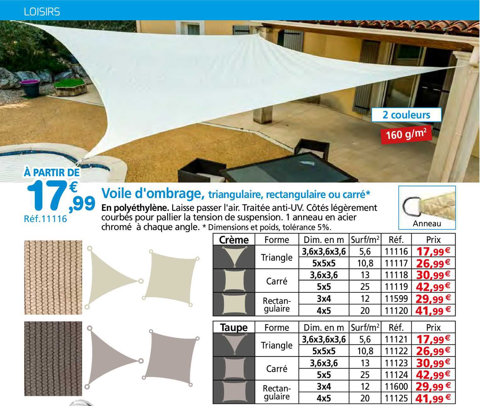 voile d'ombrage, triangulaire, rectangulaire ou carré