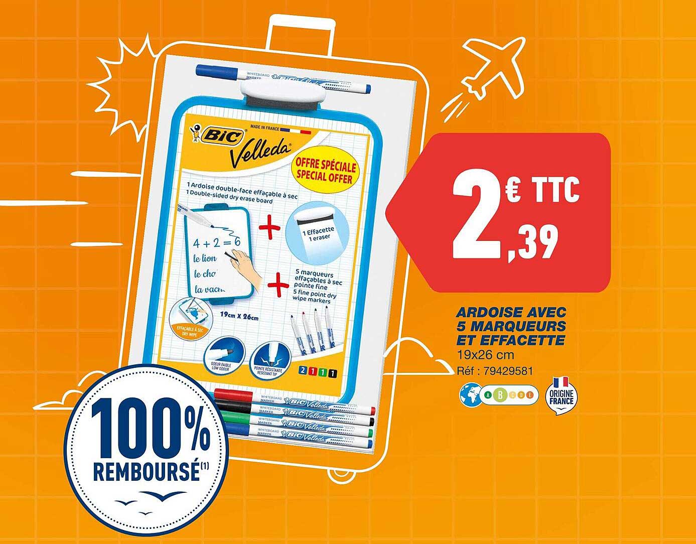 ardoise ave 5 marqueurs et effacette