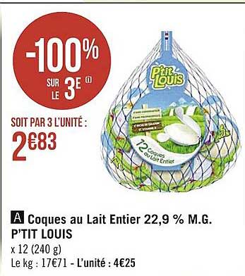 coques au lait entier 22,9% m.g. p'tit louis