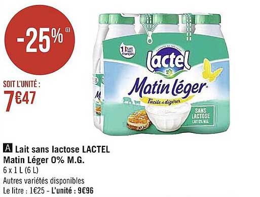 lait sans lactose lactel matin léger 0% m.g.