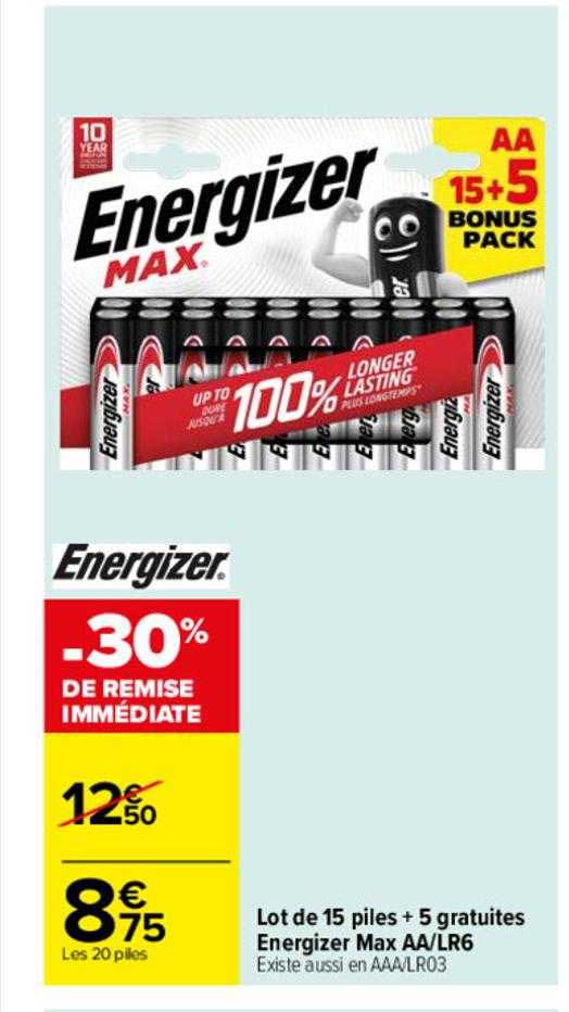 lot de 15 piles + 5 gratuites energizer max aa-lr6