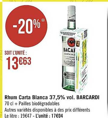 rhum carta blanca 37,5% vol. barcardi