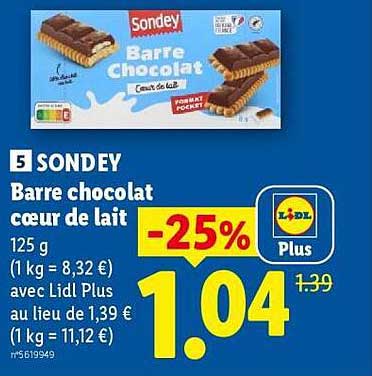 Sondey Barre chocolat cœur de lait