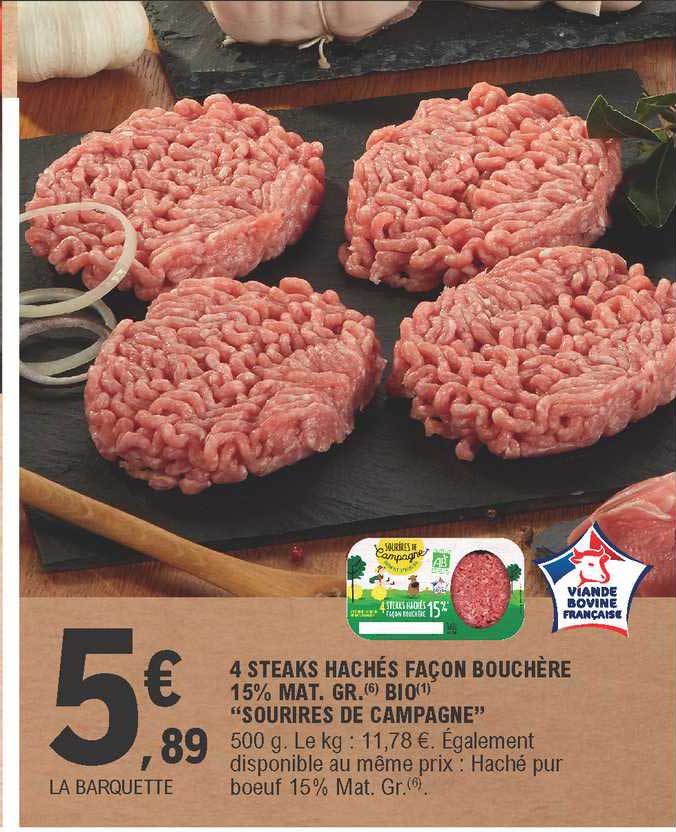 4 steaks hachés façon bouchère 15% mat. gr. bio "sourires de campagne"