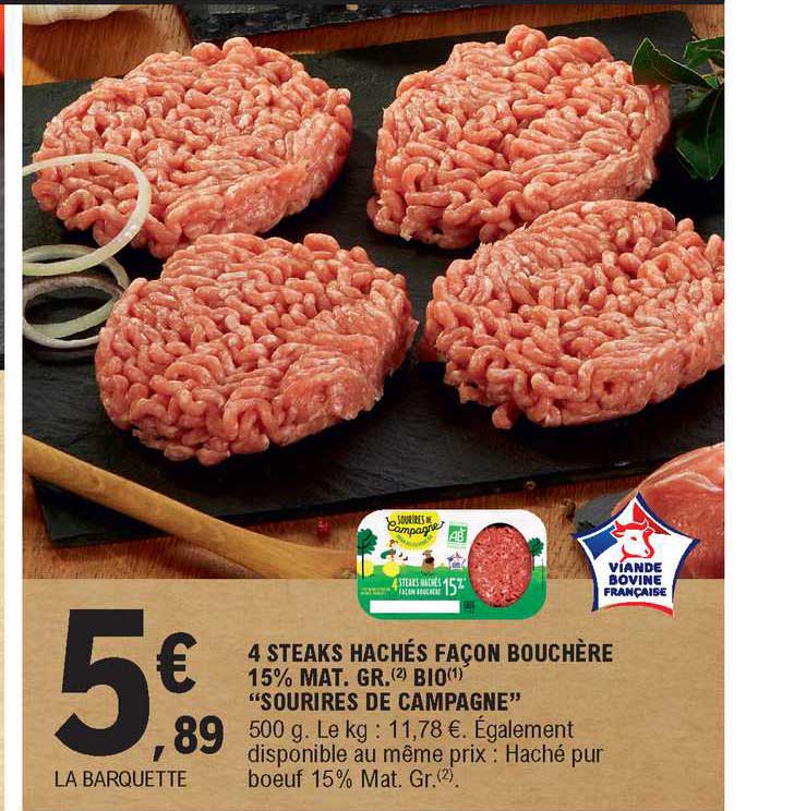4 steaks hachés façon bouchère 15% mat. gr. bio "sourires de campagne"