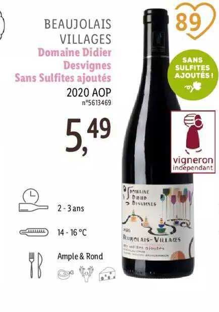 beaujolais villages domaine didier desvignes sans sulfites ajoutés 2020 aop
