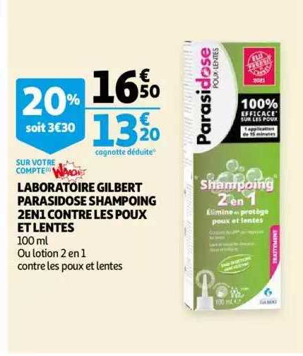 laboratoire gilbert parasidose shampoing 2en1 contre les poux et lentes