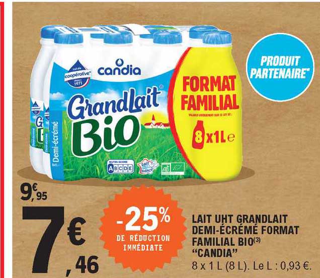 lait uht grandlait demi-écrémé format familial bio "candia"