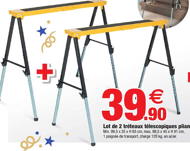 lot de 2 tréteaux télescopiques pliant