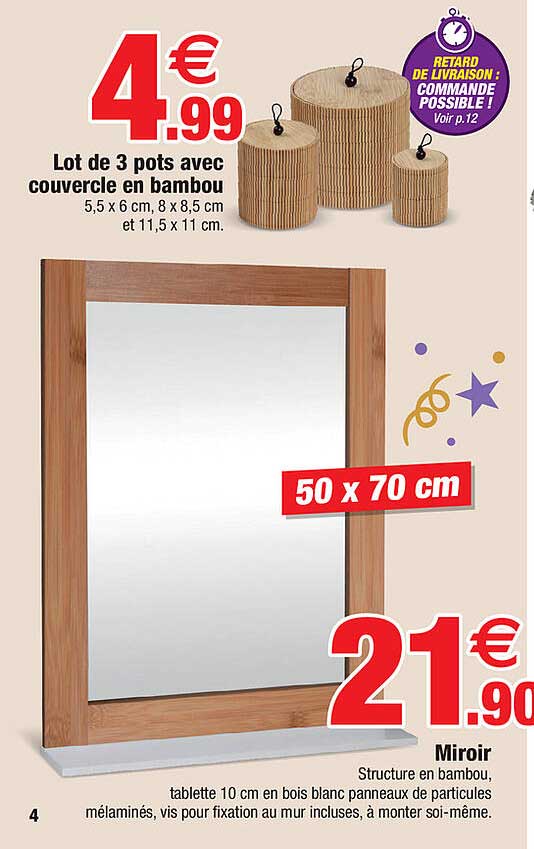 Lot De 3 Pots Avec Couvercle En Bambou Miroir