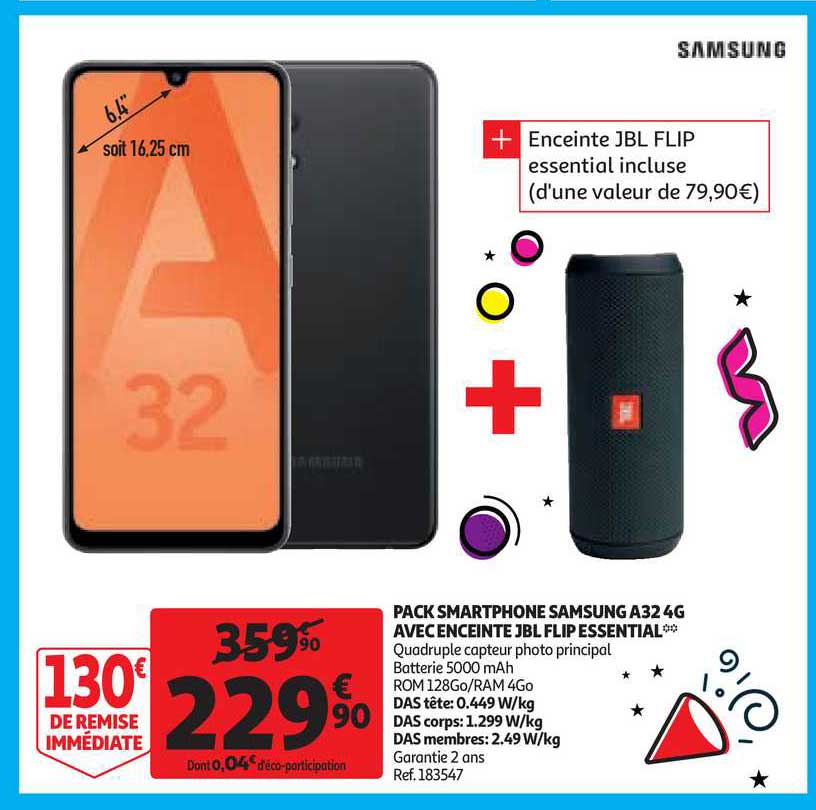 pack smartphone samsung a32 4g avec enceinte jbl flip essential