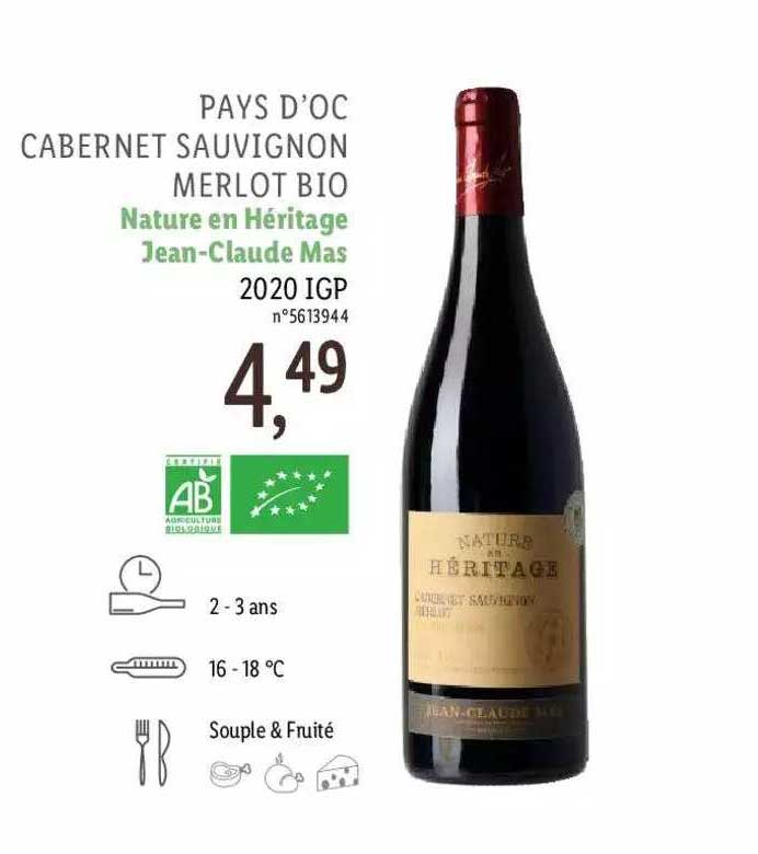 pays d'oc cabernet sauvignon merlot bio nature en héritage jean-claude mas 2020 igp