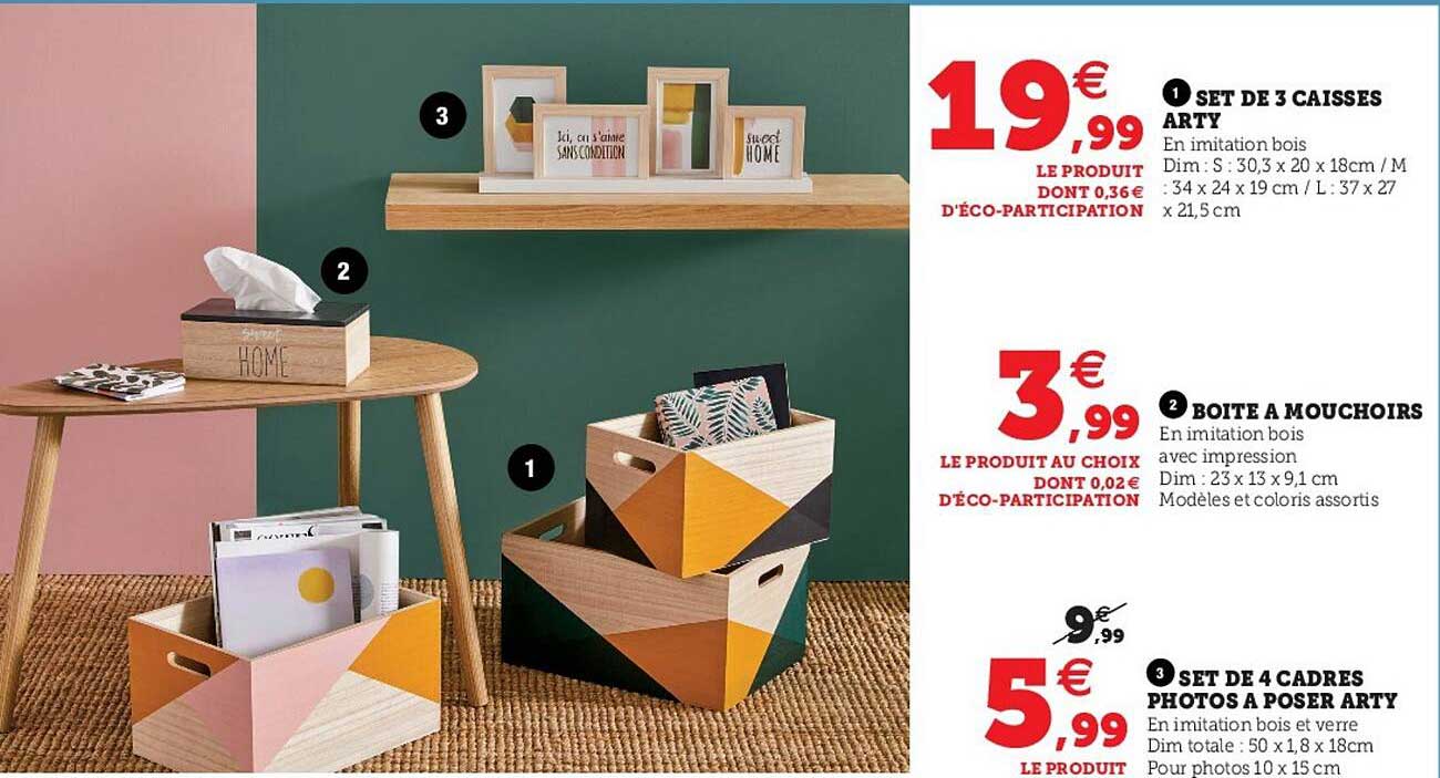 set de 3 caisses arty, boîte à mouchoirs, set de 4 cadres photos à poser arty