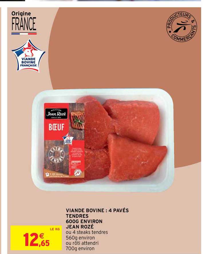 viande bovine : 4 pavés tendres 600g environ jean rozé