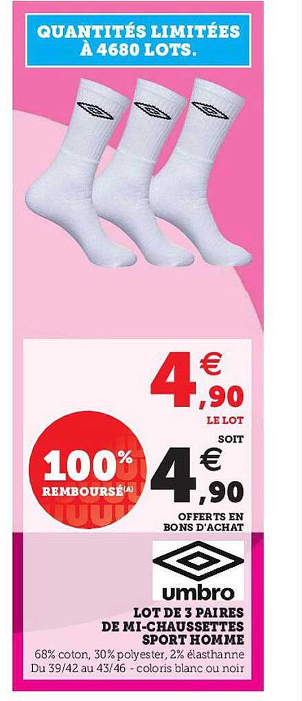 lot de 3 paires de mi-chaussettes sport homme umbro