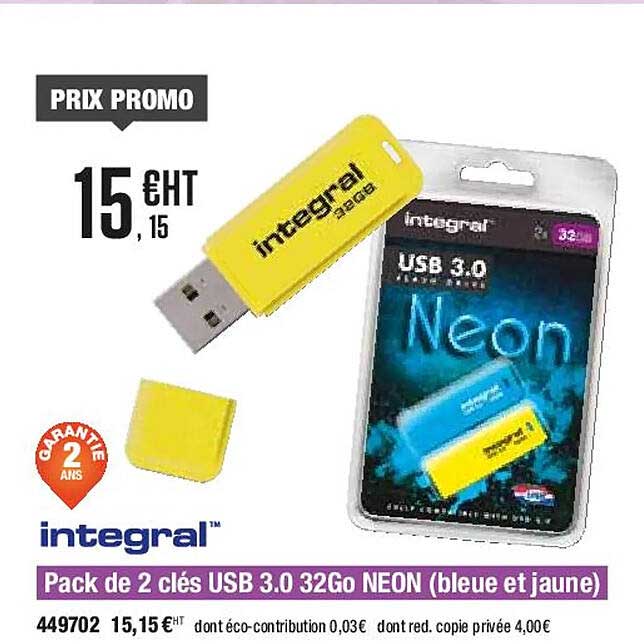 pack de 2 clés usb 3.0 32go neon (bleu et jaune) intégral