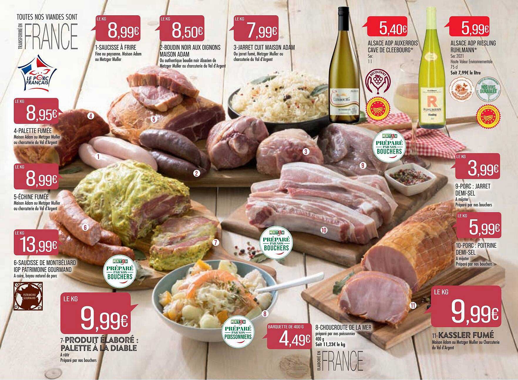 saucisse à frire, palette fumée, échine fumée, saucisse de montbéliard igp patrimoine gourmand, produit élaboré : palette à la diable, choucroute de la mer, kassler fumé, porc : poitrine demi-sel