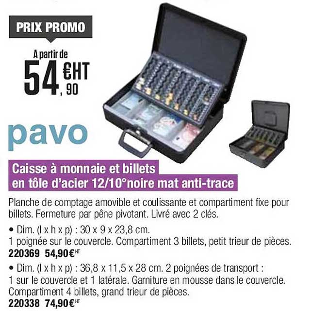 caisse à monnaie et billets en tôle d'acier 12-10° noire mat anti-trace pavo