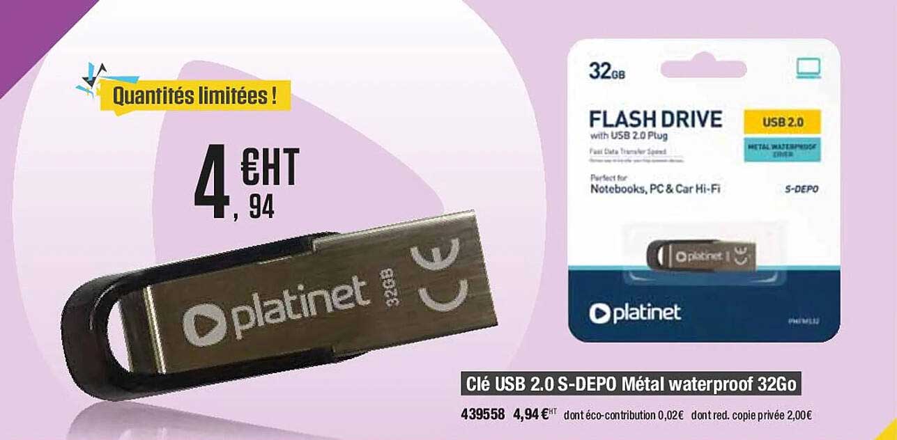 clé usb 2.0 s-depo métal waterproof 32go platinet