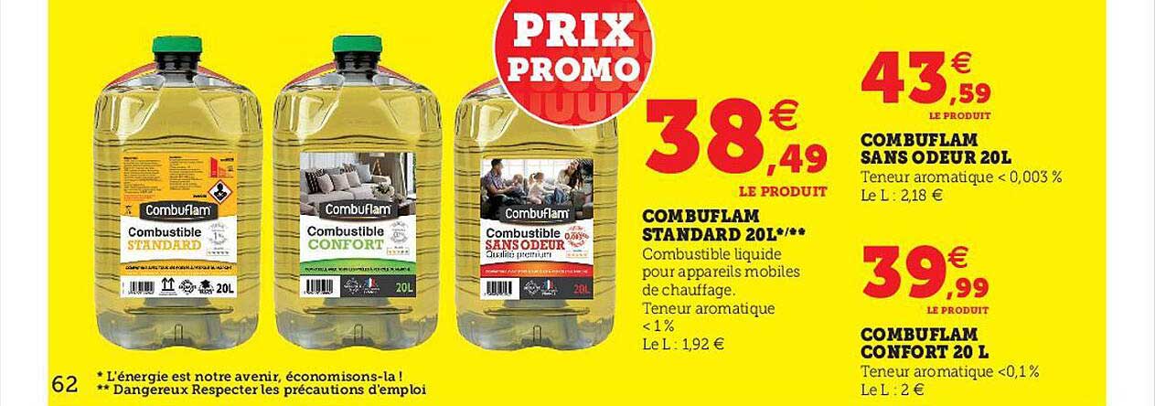 combuflam standard 20l, combuflam sans odeur 20l, combuflam confort 20l