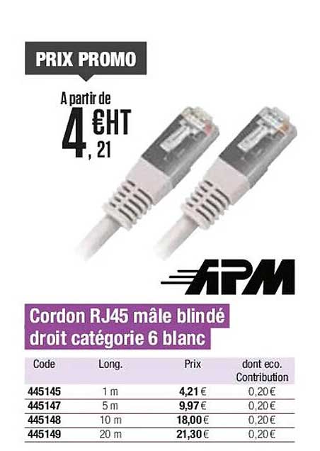cordon rj45 mâle blindé droit catégorie 6 blanc apm