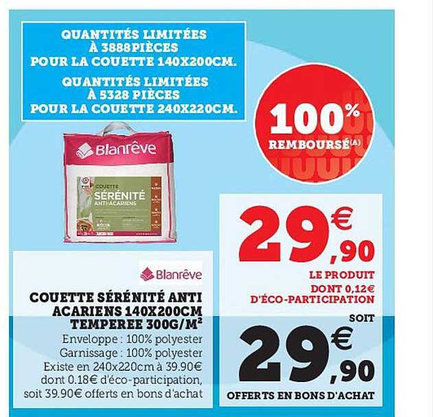 couette sérénité anti acariens 140 x 200 cm temperée 300 g-m² blanrêve